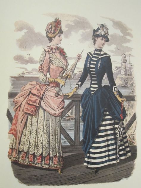 Seaside bustle dress around 1884 1880 Fashion, 1880s Fashion, 1800s Fashion, Bustle Dress, Victorian Costume, Spanish Fashion, 19th Century Fashion, Victorian Clothing, Edwardian Fashion