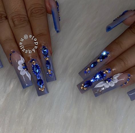 Royal Blue Bday Nails, Rhinestone Nail Designs Bling, Blue Square Acrylic Nails With Rhinestones, Royal Blue Gem Nails, September Birthstone Nails, Blue Nails With Rhinestones Bling, Blue Money Nails, Baddie Bling Nails Blue, Blue Nail Inspo Square