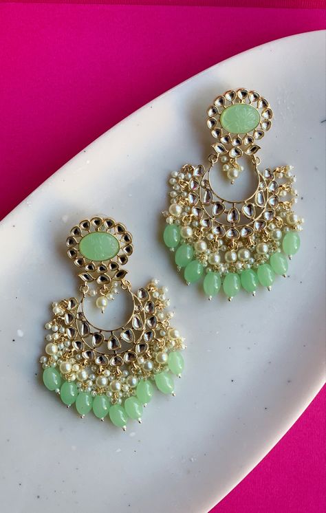 Prom 2k23, Light Green Earrings, Green Earring, Green Anarkali, Mint Green Earrings, Indian Wedding Jewelry Sets, Jewelry Kundan, Mirror Jewelry, American Diamond Jewellery