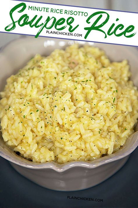 Souper Rice - quick creamy cheater risotto recipe made with minute rice, cream of chicken soup, chicken broth and parmesan cheese - ready in 10 minutes. Souper Rice, Soup Chicken Broth, Super Rice, Rice Recipes Side, Rice Cream, Rice Side Dish Recipes, Minute Rice, Soup Chicken, Rice Side