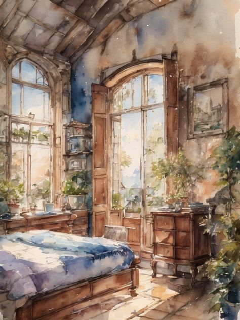 Cute vintage bedroom room,light blue color scheme, AI art, Watercolor painting Watercolor Room Painting, Light Blue Color Scheme, Room Light Blue, Watercolor Room, Interior Design Painting, Blue Academia, Interior Sketches, Tranquil Bedroom, Cute Bedroom