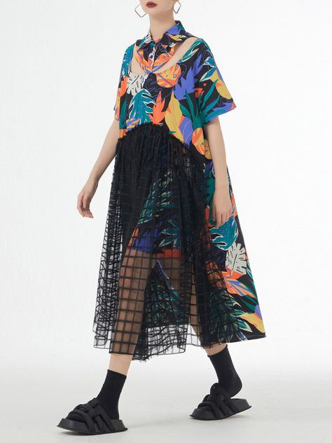 A-Line Loose Buttoned Hollow Mesh Printed Split-Joint Lapel Midi Dresses COLORFUL-One_size Maximalist Outfit, Leisure Fashion, Midi Dress Summer, Fashion Seasons, Plus Dresses, Outfit Casual, New Wardrobe, Mesh Dress, Black Pattern