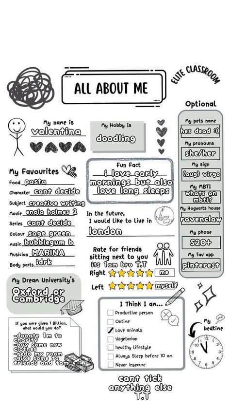 Cute All About Me Template, All About Me Bullet Journal, Diary About Me Page, All About Me Journal Ideas, About Myself Journal Ideas, About Me Doodle, All About Me Journal Page, Aesthetic About Me, About Me Diary