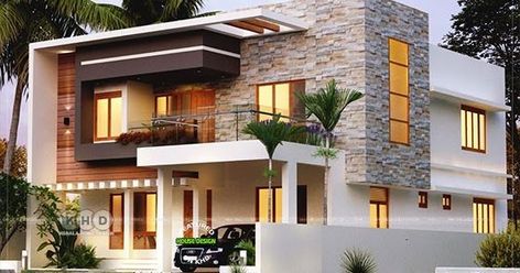 4 bedroom contemporary house architecture plan by Forms 4 architectural from Kerala. Banglow Design Modern Houses, Home Elevation, Small House Elevation Design, Latest House Designs, Kerala House Design, Kerala Houses, Modern House Facades, Modern Exterior House Designs, Duplex House Design