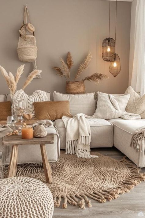 Boho Comfy Living Room, Living Room Beige Sofa, Beachy Boho Living Room, Studio Sofa, Stile Boho Chic, Beige Living Rooms, Styl Boho, Boho Interior, Decor Home Living Room