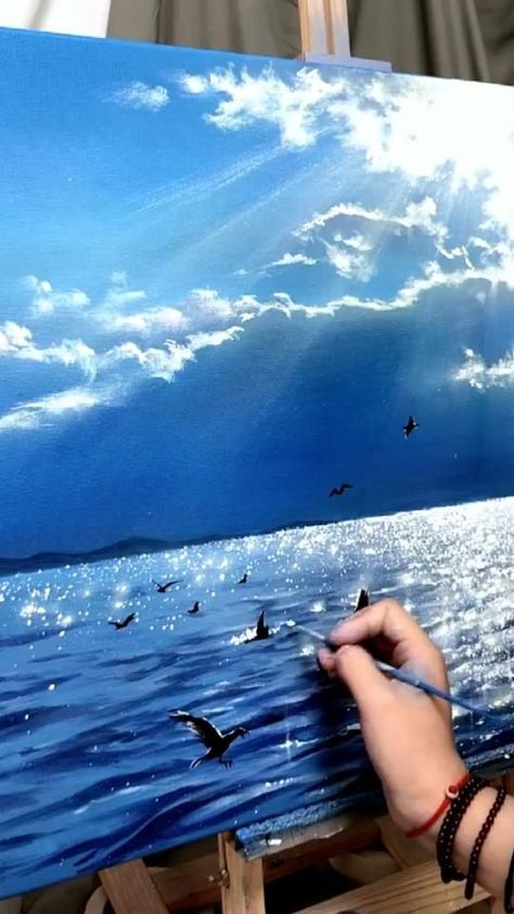 Ocean Art Painting, رسم كاريكاتير, Canvas Painting For Beginners, Beach Art Painting, Sky Art Painting, Canvas For Beginners, Canvas Painting Tutorials, Painting For Beginners, Canvas Painting Landscape