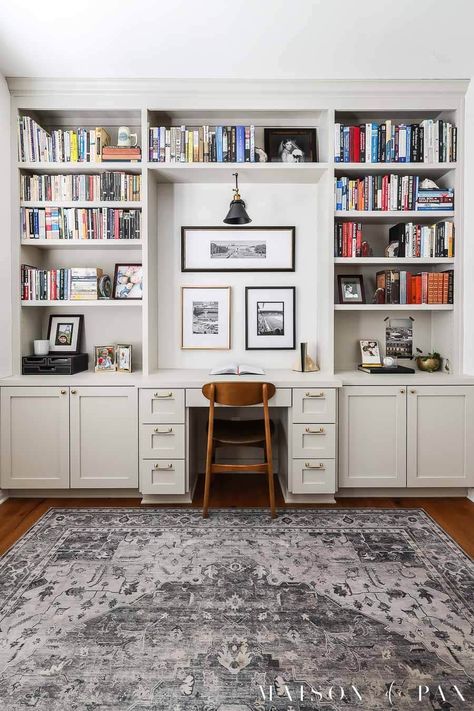 Considering built-in bookshelves with desk space? Get all the details on designing one for your home office space! Built In Desk And Shelves, Comfortable Desk, Office Bookshelves, Office Built Ins, Bookcase Desk, Blackbird Designs, Bookcase Design, Office Bookcase, Bookshelf Desk