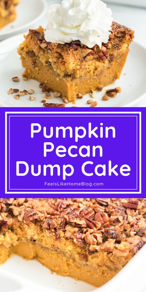 A delicious slice of pumpkin dump cake topped with whipped cream, made with yellow cake mix, pecans, and sweetened condensed milk, perfect for fall desserts and easy to make with an old-fashioned recipe and the title "pumpkin pecan dump cake" Dump Cake With Yellow Cake, Pumpkin Pecan Dump Cake, Cake Mix Sweetened Condensed Milk, Pecan Dump Cake, Pumpkin Dump Cake Recipe, Pumpkin Dump, Dump Recipes, Dump Cake Pumpkin, Pumpkin Pecan Pie