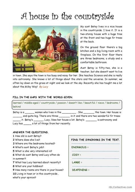 Easy reading - A house in the countr…: English ESL worksheets pdf & doc My House Worksheet, Reading Vocabulary Activities, House Worksheet, English Language Activities, English Language Learning Activities, Esl Reading Comprehension, House In The Countryside, 8th Grade English, Basic English Grammar Book