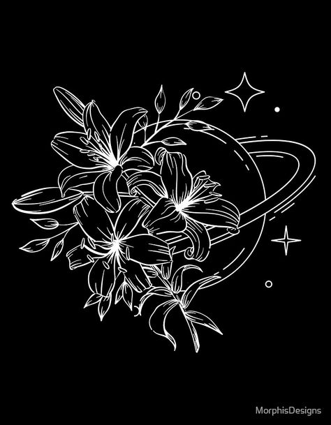 Floral Planet Tattoo, Space Flowers Tattoo, Space Aesthetic Tattoos, Tattoo Doodles, Space Flowers, Black Background Design, Planet Tattoos, Planet Saturn, Planets Art