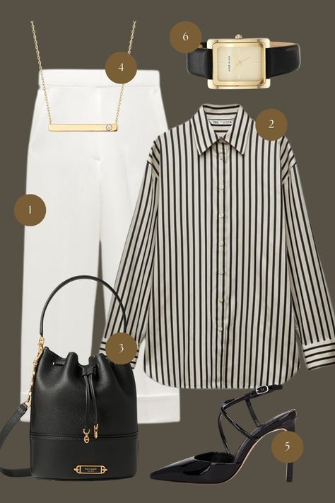 This moodboard is a symphony of monochromatic tones and contemporary styling, ideal for the modern woman who revels in the elegance of simplicity. The classic striped button-down shirt serves as the centerpiece, its vertical lines drawing the eye and elongating the figure. This is paired with a crisp white skirt that serves as a fresh canvas for the ensemble, its sleek lines embodying the essence of chic sophistication. White Striped Shirt Outfit, Lines Drawing, Outfits With Striped Shirts, Polished Casual, Delicate Gold Necklace, Office Chic, Black Leather Watch, White Stripes Shirt, Pencil Skirt White