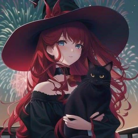 Anime Witch Red Hair, Witch With Black Cat Art, Cute Red Anime Pfp, Witch Anime Wallpaper, Red Haired Witch Art, Red Hair Witch Art, Anime With Red Hair, Witch Anime Pfp, Cat Woman Anime