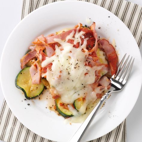 Ham & Zucchini Italiano Recipe -I strongly believe dinner should be three things: healthy, delicious and simple. With fresh zucchini, ham and marinara sauce baked with mozzarella, you can accomplish all three in the time it takes to describe the dish to a grateful family. —Madison Mayberry, Ames, Iowa Ham Zucchini, Baking Ham, Extra Zucchini, Ham Steak, Ames Iowa, Ham Dinner, Fresh Zucchini, Ham Casserole, Zucchini Casserole