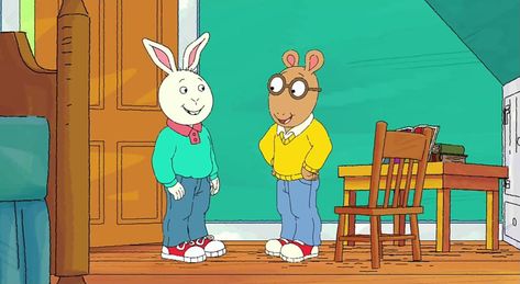 Just a screenshot of Arthur Read the 8 year old aardvark boy in glasses and his best friend Buster Baxter the 8 year old white rabbit boy at the end of the episode "All Thumbs." Arthur And Buster, Buster Baxter, Arthur Cartoon, Arthur Read, Shaking Hands, Play Station, Shake Hands, Library Card, White Rabbit