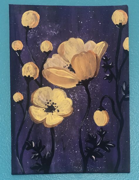 Purple Acrylic Painting, Purple Paintings, Yellow Poppies, Poppies Painting, Purple Painting, Purple Acrylic, Poppy Painting, Painting Inspo, Cute Simple Wallpapers