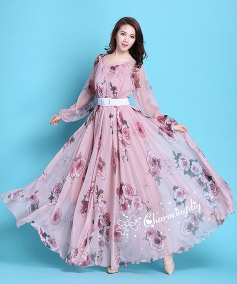 110 Colors Chiffon Pink Floral Flowber Autumn Long Sleeve | Etsy Bridesmaid Maxi Skirt, Maternity Photo Dresses, Vestidos Para Baby Shower, Trendy Party Dresses, Pink Chiffon Dress, Dress Sleeves, 파티 드레스, Long Gown Dress, Maxi Rok