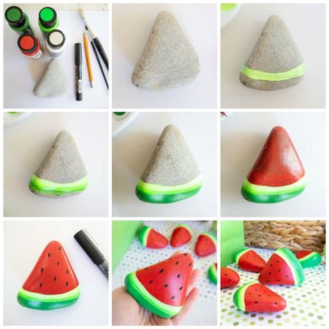 Triangle Rock Painting, Fruit Rock Painting Ideas, Aesthetic Stone Painting, Rock Painting Fruits And Veggies, Painted Rocks Fruit, Rock Painting Food, Food Rock Painting Ideas, Painted Rocks Fruits And Vegetables, Food Painted Rocks