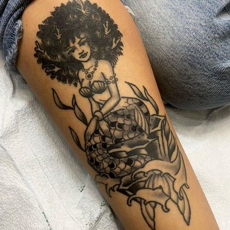 Mermaid Pinup Tattoo, Black Mermaid Tattoo, Mesmerizing Tattoos, Pele Tattoo, Mermaid Pinup, Toronto Tattoo, Sleeve Filler, Pin Up Mermaid, Pisces Tattoos