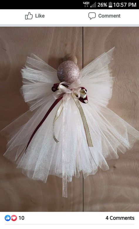 Angels To Make Ideas, Tulle Angel Ornaments, Angel Tree Ornaments To Make, Angels Diy Crafts, Crafts With Tulle, Angel Ornaments To Make, Tassel Angels, Ribbon Angels, Christmas Angels Diy