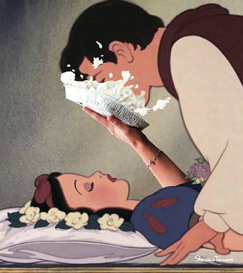 Snow White puts a banana cream pie in Prince Charming's face. We Heart It, A Woman, Bed, Disney, Funny