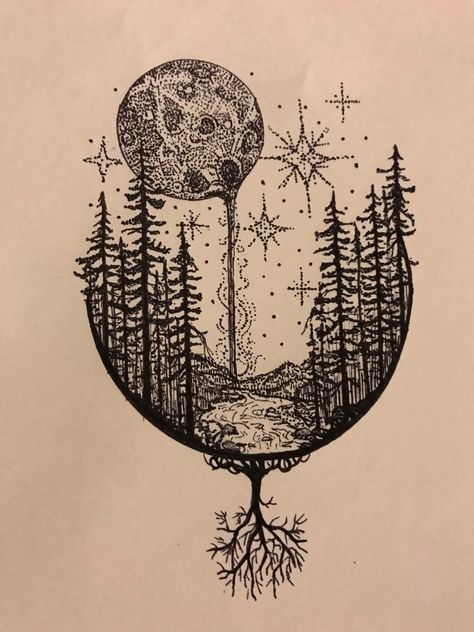 #InkHood #design #moon #forrest #river #tattoo #lines #dots #geometric Earth Moon And Stars Tattoo, Moon Scene Tattoo, Tattoo Ideas Female Geometric, Universe Shoulder Tattoo, Moon River Tattoo Ideas, Moon And Nature Tattoo, Moonscape Tattoo, Night Sky Tattoo Ideas, Night Themed Tattoo