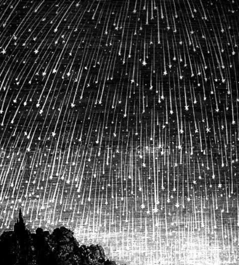 Engraving depicting the exceptional 1833 "meteor storm" of the Leonid Meteor Shower. Perseid Meteor Shower, Star Shower, Falling Stars, Meteor Shower, To Infinity And Beyond, Throne Of Glass, Our Solar System, The Night Sky, Shooting Stars