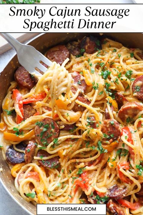 One Pot Cajun Sausage Spaghetti Smoked Sausage Noodle Recipes, Spicy Ground Sausage Recipes, Smoked Sausage Pasta Recipes, Cajun Sausage Recipes, Turkey Sausage Pasta, Spicy Sausage Recipes, Smoked Sausage Recipes Pasta, Smoked Turkey Sausage, Pasta Recipes Easy Fast