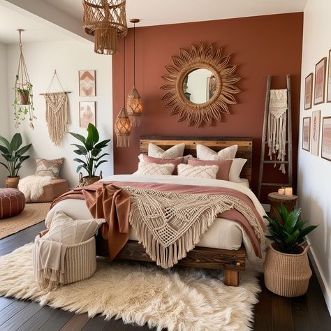 Pink Grey Boho Bedroom, Terracotta Pink And Green Bedroom, Boho Red Bedroom, Terracotta Guest Bedroom, Terracotta And Beige Bedroom, Terracotta And Cream Bedroom, Warm Orange Bedroom, Pink Terracotta Bedroom, Grey And Terracotta Bedroom