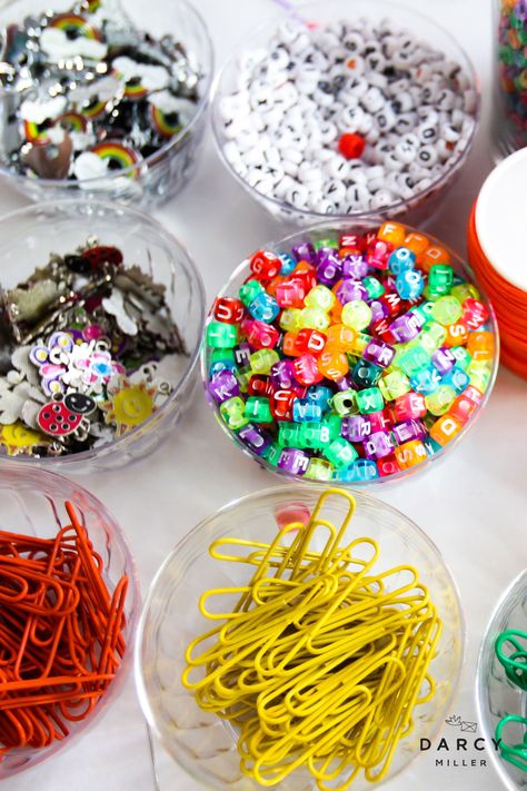 DIY bead bar with rainbow beads and accessories | Darcy Miller Designs #campdarcy #summercamp #forkids #withkids #preteen #friendshipbracelet  #withkids #forkids  #fun #inspiration #idea #craft #stayhome #vacation  #idea #withfriends #artsandcrafts #diy #crating #printable #template #beading #activity #ditwithdarcy Friendship Bracelet Making Station, Build Your Own Bracelet Bar, Bead Party Ideas, Bracelet Making Party Ideas, Bracelet Making Birthday Party, Bracelet Party Ideas, Bracelet Making Station Party, Friendship Bracelet Birthday Party, Bracelet Making Party