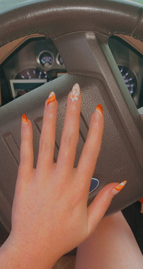 Orange Nails With White Tips, Orange And Yellow Fall Nails, Square Nail Designs Orange, Orange Nails With White Flowers, Burnt Orange And White Nails, Maroon And Orange Nails, White Nails With Orange, Orange Wedding Nails, Nails Orange And White