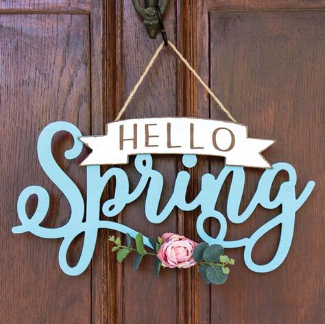 Greet spring all season long with this hanging sign featuring some of the best spring colors. Complete with a floral accent, it is everything you need this spring. Spring Banner, Cutout Design, Accent Wall Decor, Jute Rope, Wood Home Decor, Hello Spring, Spring Colors, House In The Woods, Spring Decor