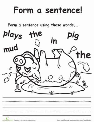 Oink oink! What is this playful pig saying? Build sentences with words inspired by this picture of a pig rolling in mud. Sentence Building Worksheets, Sentence Building, 1st Grade Writing, First Grade Worksheets, First Grade Writing, First Grade Reading, Sentence Writing, 1st Grade Worksheets, Kindergarten Writing