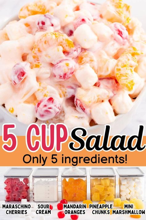 A 5 Cup Salad is a quick, easy-to-make fruit salad made with only 5 ingredients. Also known as Ambrosia salad, this simple sweet treat can be served as a side dish or saved for a delicious light dessert. 5 Ingredient Salad, 5 Cup Salad, Ambrosia Fruit Salad, Light Dessert, Different Salads, Fruit Salad Easy, Favorite Breakfast Recipes, Trifle Desserts, Ambrosia Salad