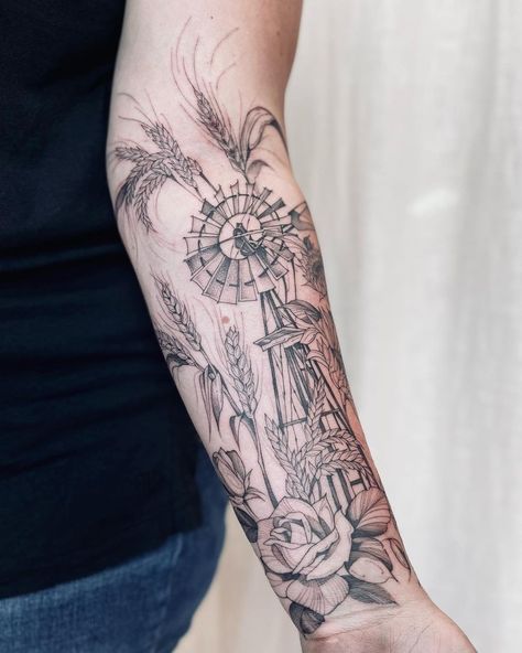 Fine Line Forearm Sleeve, Windmill Tattoos For Women, Old Photo Tattoo, International Harvester Tattoo, Farm Related Tattoos, Western Family Tattoo, Mens Skull Tattoo Ideas, Mens Western Sleeve Tattoo Ideas, Women Western Sleeve Tattoo