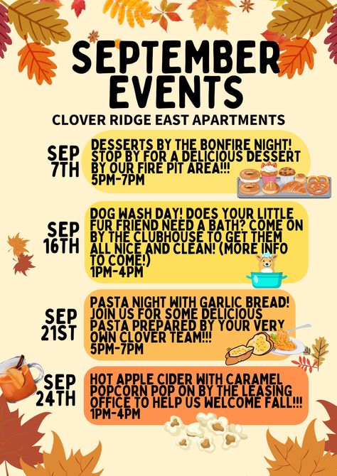 Low on a budget? Take a look at this resident event calendar to try out! Resident Holiday Events, Fall Resident Event Ideas, September Resident Event Ideas, October Resident Event Ideas, September Resident Events, November Resident Events, Fall Resident Events, Resident Event Ideas, Holiday Spirit Week