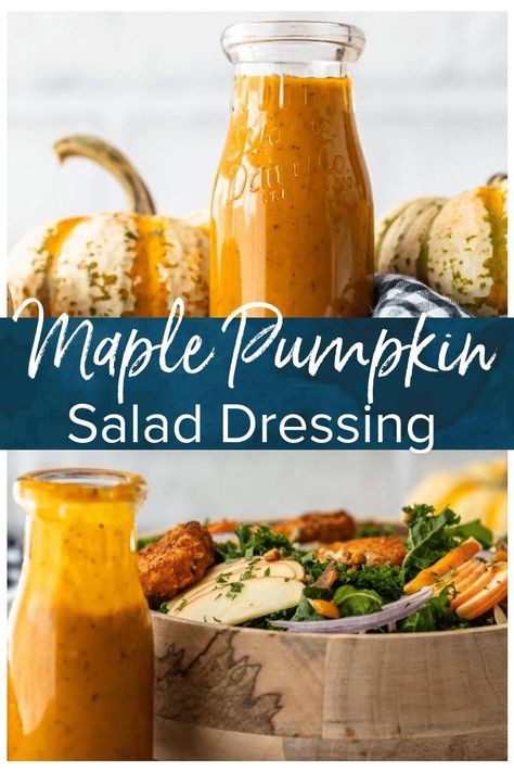 Maple Pumpkin Salad Dressing is the best autumn salad dressing recipe! Nothing says fall like pumpkin, and a bit of maple adds a rich flavor to it. This homemade salad dressing goes with all of your fall salad ideas, and it's the perfect kale salad dressing! Autumn Salad Dressing, Fall Salad Ideas, Kale Salad Dressing, Autumn Salad Recipes, Thanksgiving Salad, Dressing Salad, Pumpkin Salad, Fall Salad, Maple Pumpkin