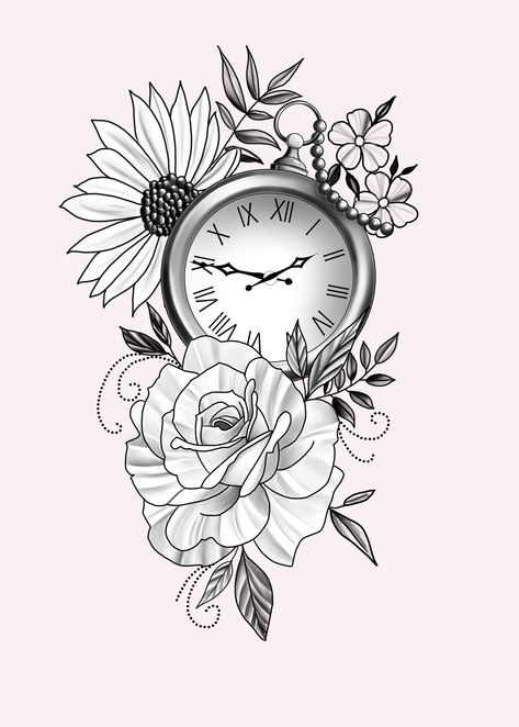 Stop Watch Tattoo For Women, Clock With Flowers Tattoo, Clock Flower Tattoo, Time Clock Tattoos For Women, Stop Watch Tattoo, Time Clock Tattoo, Vintage Clock Tattoos, Men Flower Tattoo, Watch Tattoo Design