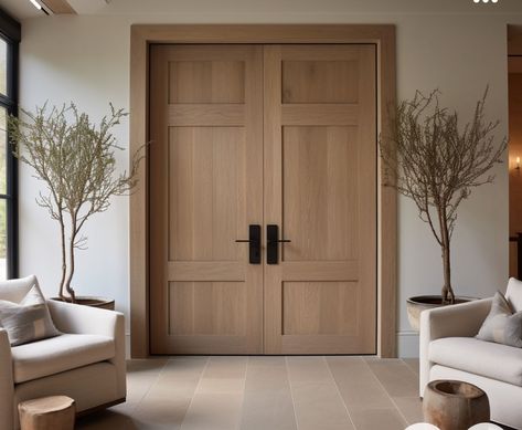 Cool Toned House, Oak Double Doors, Wooden Double Doors Interior, Farm House Double Doors, White Oak Bedroom Doors, Living Room Double Door Design, Lake House Interior Doors, Primary Bedroom Double Doors, White Oak Interior Design