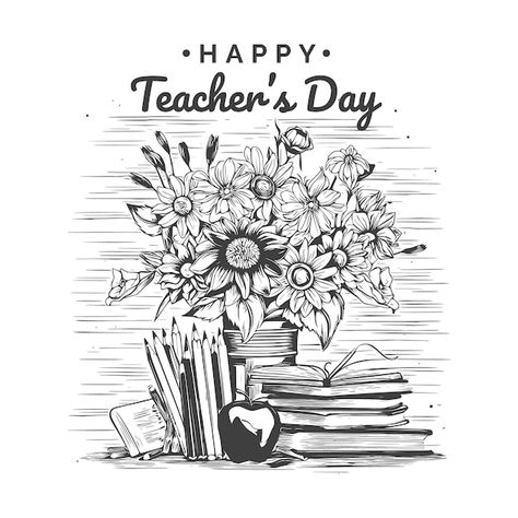 Vector happy teachers day sketch with fl... | Premium Vector #Freepik #vector #teachers-day #world-teachers-day #happy-teachers-day #teacher-day-background Teachers Day Sketch, National Teachers Day, Teacher's Day Card Ideas, Teachers Day Drawing, Eco Club, Teachers Day Special, Teachers Illustration, Pencil Apple, Student Cartoon