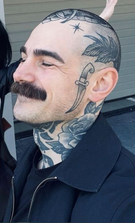 Acme Tattoo, Bald Tattoo, Bald Head Tattoo, Bald Person, Noxus League Of Legends, Scalp Tattoo, Face Tats, Moustaches Men, Animal Sleeve Tattoo