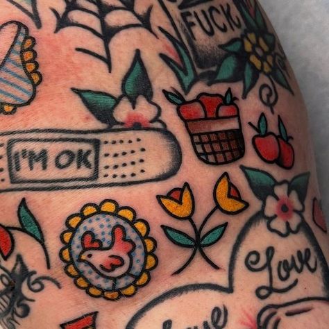 korbi on Instagram: "apples, chicken, tulips, undies, socks , all done by me (obviously)" Trad Tattoo Design, Oldschool Tattoo Traditional, Traditional Tattoo Filler, Chicken Tattoo, Apple Tattoo, Old School Ink, Traditional Tattoo Inspiration, Tulip Tattoo, Traditional Style Tattoo