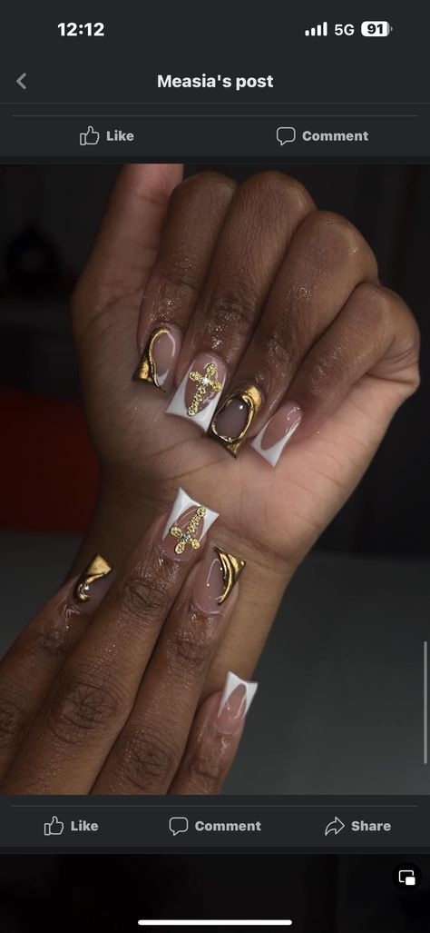 Hbcu Homecoming Nails, Graduation Nails Brown, Gold Prom Nails Short, White And Gold Duck Nails, Gold Nail Set Short, Duck Nails Gold, Gold Duck Nails Acrylic, Gold And Silver Nails Acrylic, Duck Nail Press Ons