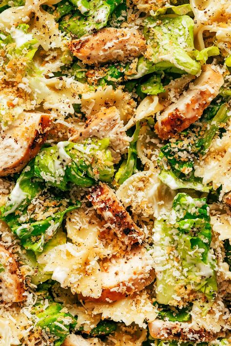 This Chicken Caesar Pasta Salad recipe is tossed with my favorite Caesar dressing, lots of Parmesan cheese, and the yummiest garlicky breadcrumbs. Feel free to use a different protein (such as salmon, shrimp, Italian sausage, bacon or roasted chickpeas) for the chicken if you prefer! | gimmesomeoven.com Chicken Caesar Pasta Salad Recipes, Roast Chicken Pasta, Lake Meals, Italian Dressing Pasta Salad, Chicken Caesar Pasta, Caesar Pasta Salad, Caesar Pasta, Chicken Caesar Pasta Salad, Classic Caesar Salad