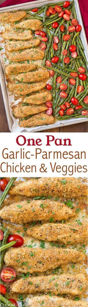 One Pan Roasted Garlic-Parmesan Chicken Tenders and Green Beans with Fresh Grape Tomatoes - this chicken is so good! I loved that everything was baked together on one sheet pan! Sheet Pan Suppers Recipes, Parmesan Chicken Tenders, Chicken And Veggies, Sheet Pan Suppers, Cooking Tomatoes, Lean And Green Meals, Garlic Parmesan Chicken, Chicken Meals, Parmesan Chicken