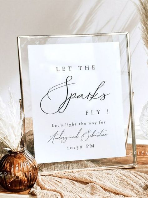 This Let the Sparks Fly template features a mix of classic and cursive fonts. Display this tabletop sign for your sparkler send-off! Includes multiple sizes. Easily change the text in your browser. Save, download, and print from home or at your local print shop - try the demo below! See Matching Items from the Audrey Collection: https://etsy.me/37rpixS Sparkler Send Off Sign, Sparklers Wedding Sign, Sparkler Sign, Minimalist Wedding Decor, Sparkler Send Off, Sparks Fly, Wedding Sparklers, Tabletop Signs, Wedding Decor Inspiration