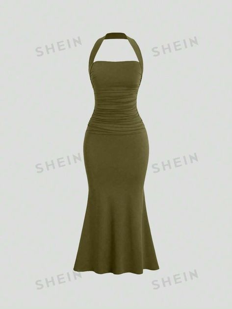 SHEIN MOD Women's Solid Color Mermaid Hem Halter Neck Dress | SHEIN USA Princess Artwork, Dinner Gowns, High Waist Sports Leggings, Best Friend Outfits, Halter Neck Dress, Shein Outfits, Shein Dress, Event Outfit, Classy Casual Outfits