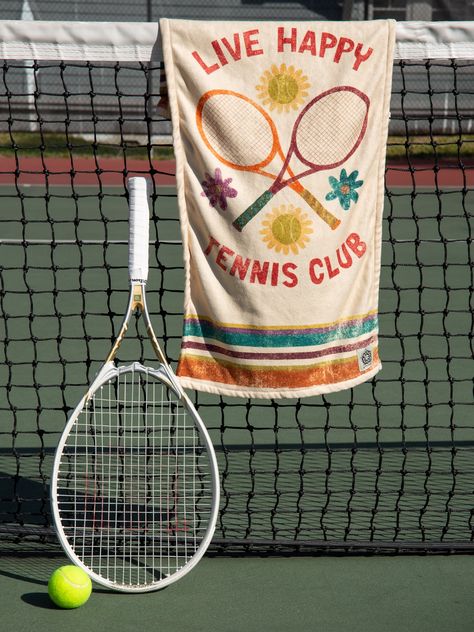 Live Happy Tennis Towel-view1 Tennis Merch, Tennis Towel, Rolling Tote Bag, Soft Tennis, Boho Hair Accessories, Tennis Game, Rolling Tote, Tennis Games, Inspiration Board Design