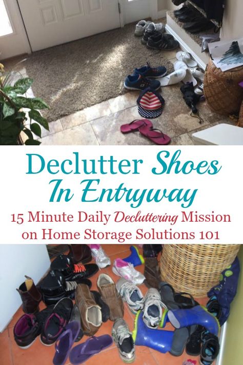 Tips for decluttering shoes by the door or entryway, with ideas for how to keep them under control from now on as well {a #Declutter365 mission on Home Storage Solutions 101} #DeclutterShoes #DeclutteringShoes Shoes In Entryway, Decluttering Shoes, Shoe Solutions, Tips For Decluttering, Decluttering Inspiration, Mudroom Organization, Shoe Storage Solutions, Easy Cleaning Hacks, Clutter Free Home