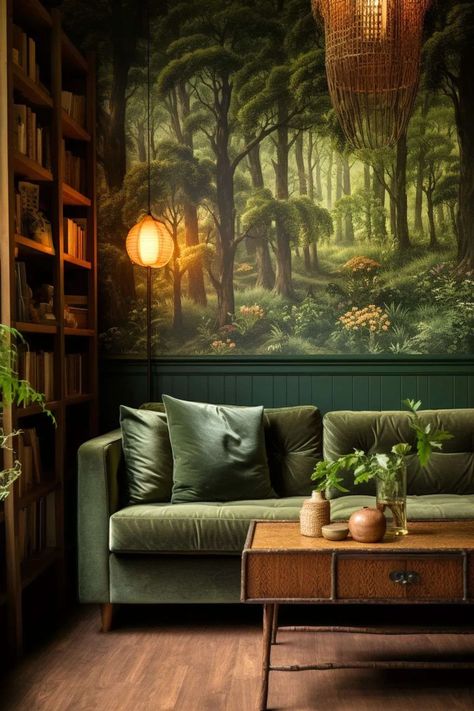 Green Study Room, Sunken Lounge, Farrow And Ball Living Room, Boho Loft, Style Vert, Jade Design, Moody Decor, Green Ideas, Wood Interior Design