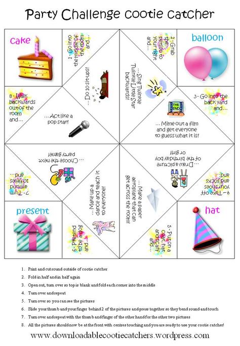 Party Challenge cootie catcher Cutie Catcher, Cootie Catcher Template, Fortune Teller Paper, Cootie Catcher, Emoji Birthday, Paper Games, Sleepover Party, Slumber Parties, Party Game